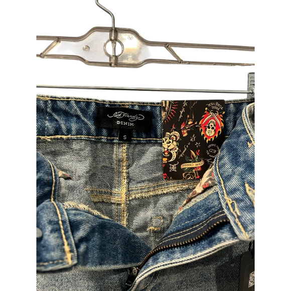 Ed Hardy NWT Love Kills Slowly Size Small Denim Jean Mini Skirt Skull Heart Blue - Picture 6 of 10